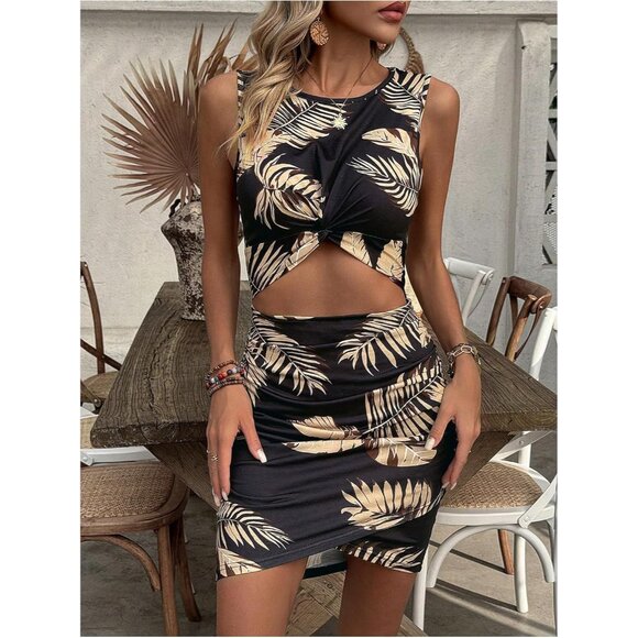 Women's Beach Dress Polyester Mini Dress Cut Out Twist Sleeveless Vacation - Picture 4 of 6